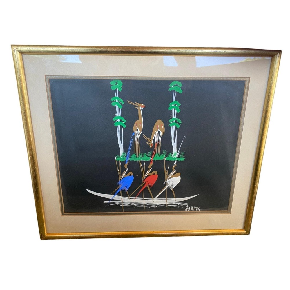 VTG African Folk Art Gouache on Paper Paintings Signed Framed set‎ of 3 50's